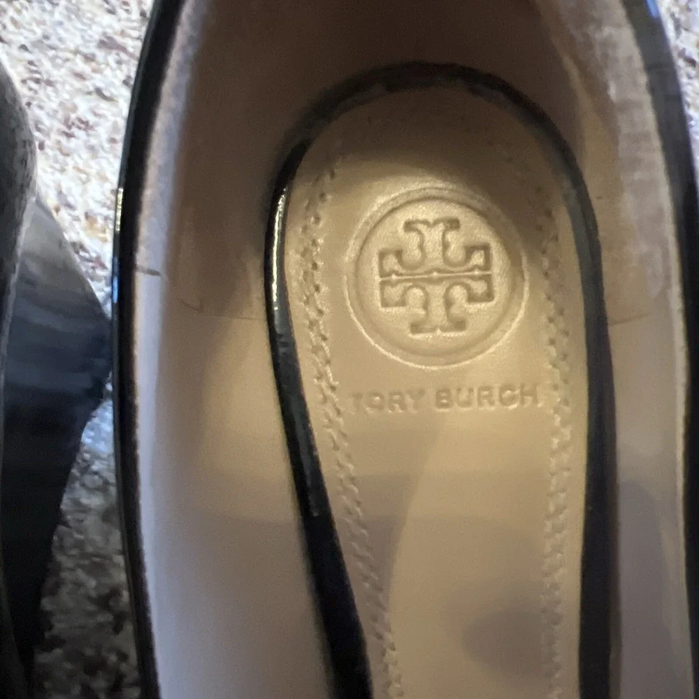 Tory Burch Wedged Open‎ Toe Shoes Sz 7.5 Black 3.5